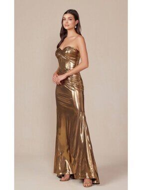 Clearance Gold Size 4 Pleated Metallic Long Prom Dress by Nox Anabel T1499